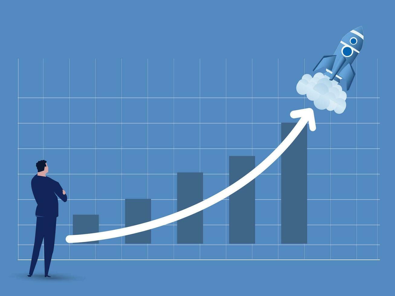 o negócio vendas ou lucro aumentar conceito, exponencial crescimento ou composto interesse, investimento, riqueza ou ganho Aumentar acima gráfico, financeiro relatório gráfico com exponencial seta a partir de vôo foguete. vetor