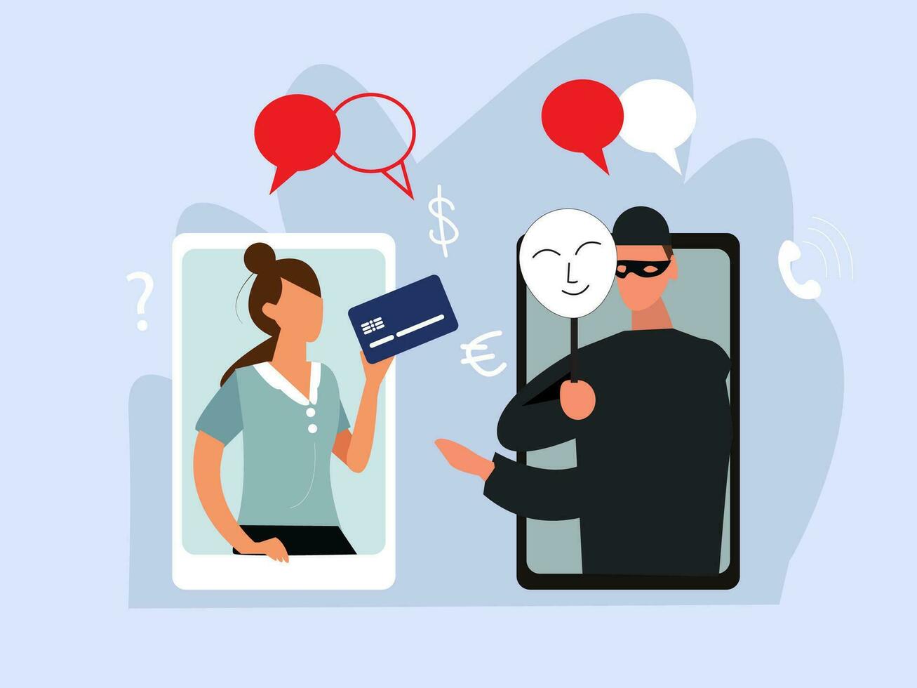 conceptual conectados fraude cibercrime hacking mulher em telefone tela e scammer roubando banco cartão. vetor ilustração.