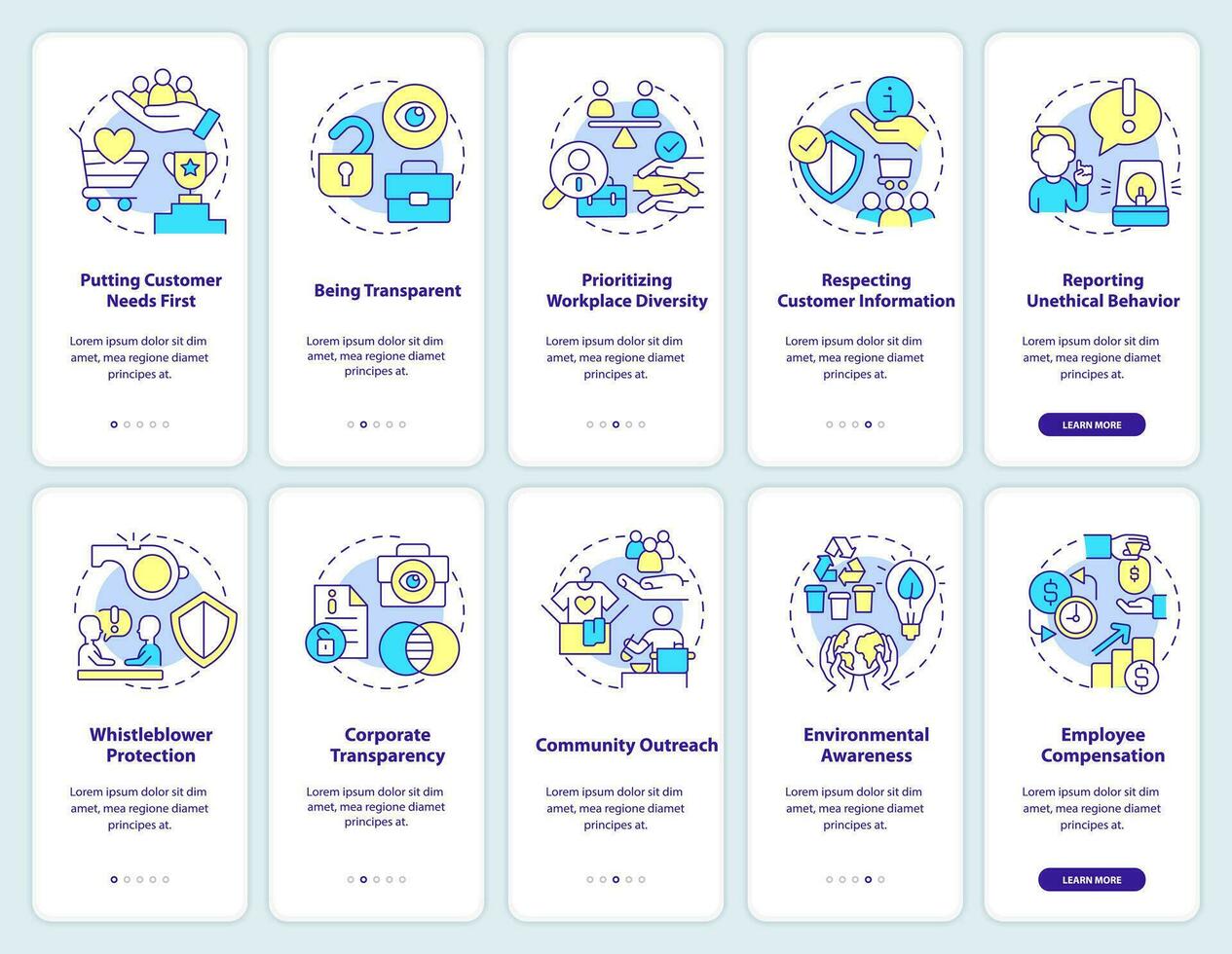 ético padrões dentro o negócio onboarding Móvel aplicativo tela definir. passo a passo 5 passos editável gráfico instruções com linear conceitos. interface do usuário, ux, gui modelado vetor