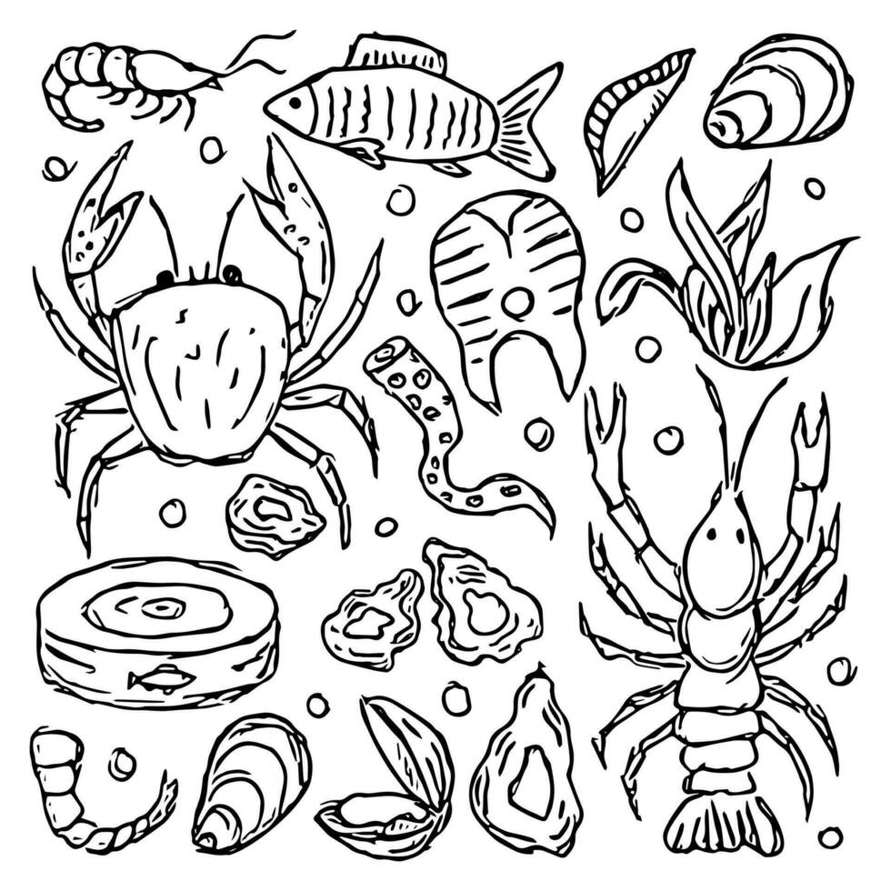 frutos do mar ícones. desenhado frutos do mar fundo vetor
