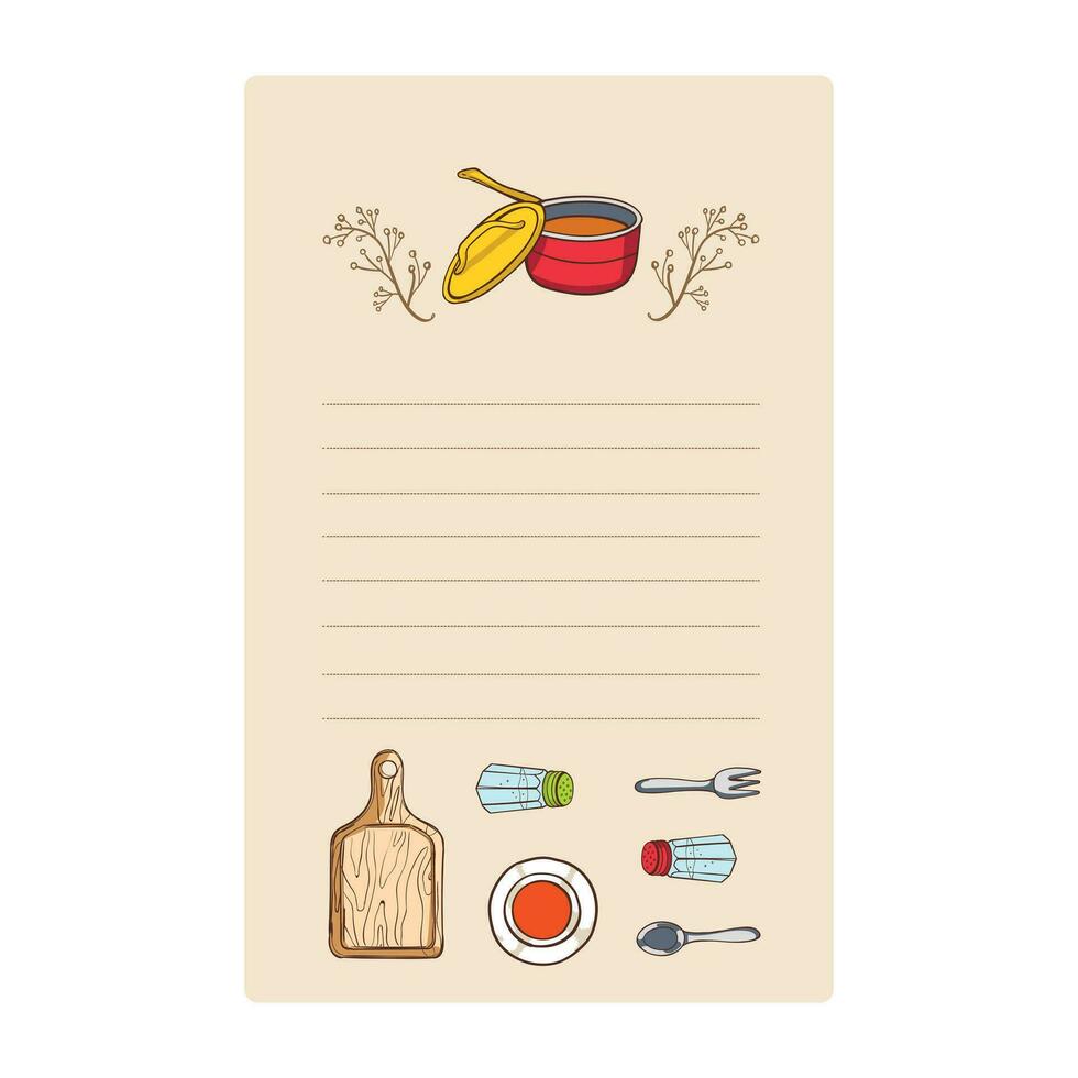 receita cartão com cozinha utensílios. mão desenhado vetor ilustração.