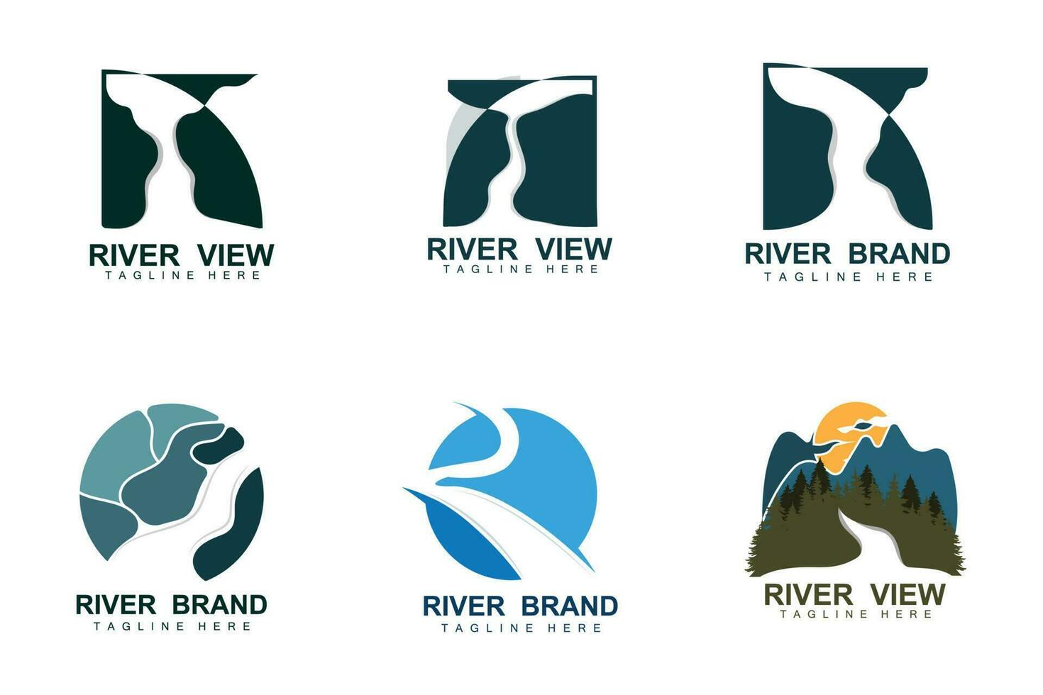 design de logotipo do rio, vetor de riacho do rio, ilustração ribeirinha com uma combinação de montanhas e natureza, marca do produto