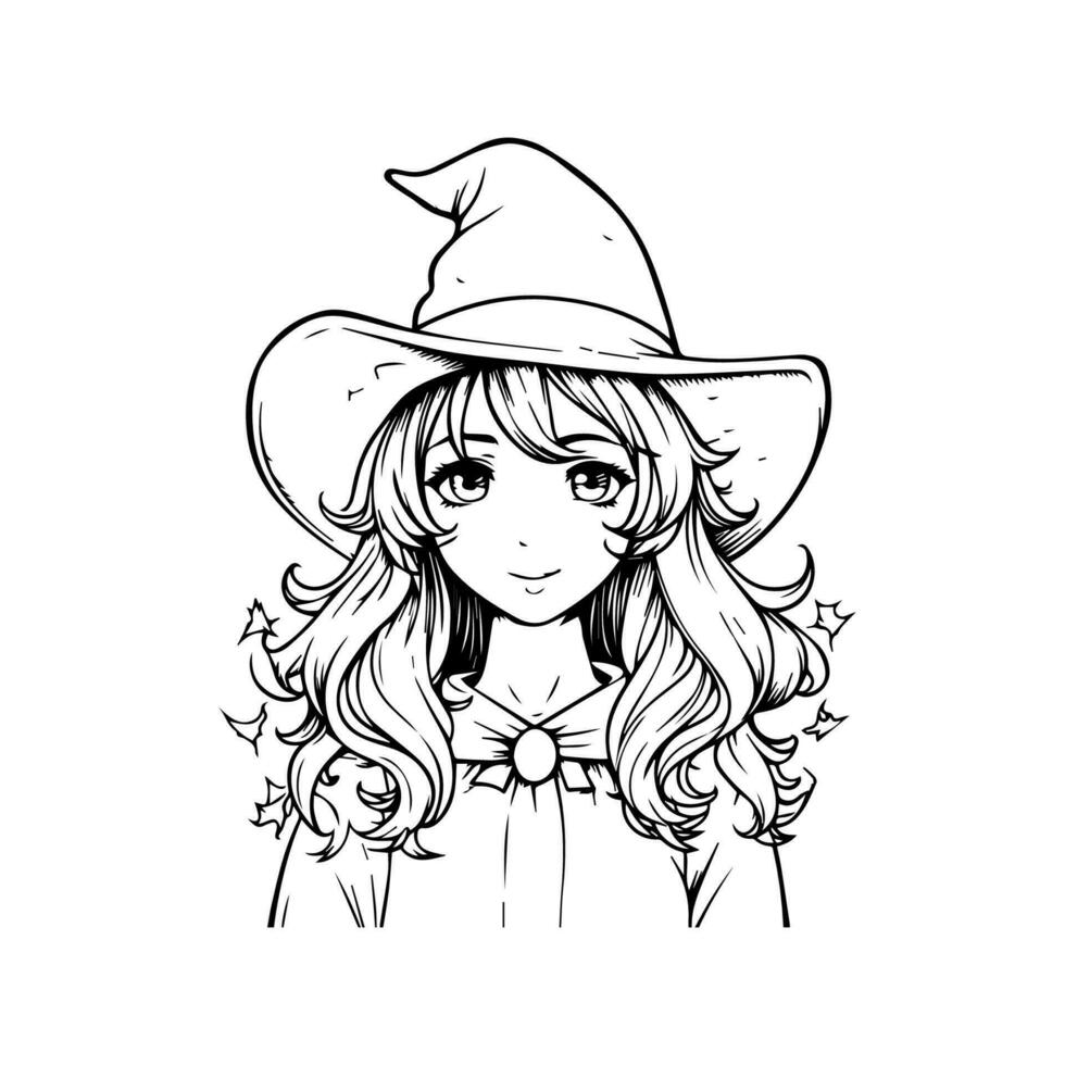 Garota com fantasia de bruxa para o halloween, em fundo branco. estilo de  anime de bruxa.