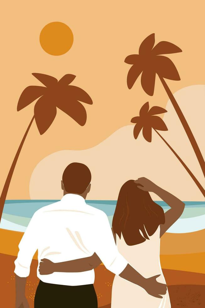 uma amoroso casal abraços a partir de a voltar. marido e esposa juntos em a fundo do a mar, Palma árvores em período de férias. abstrato vetor gráficos, mão desenho.