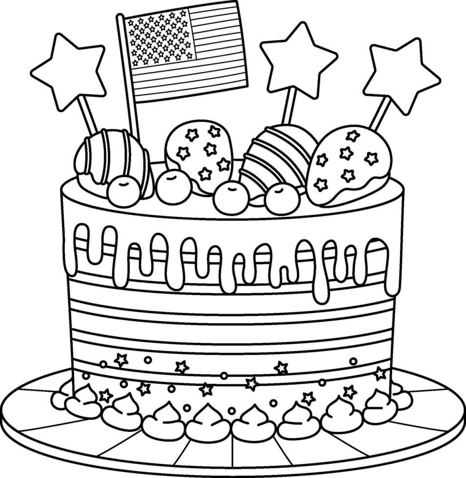 4º do Julho bolo isolado coloração página para crianças vetor