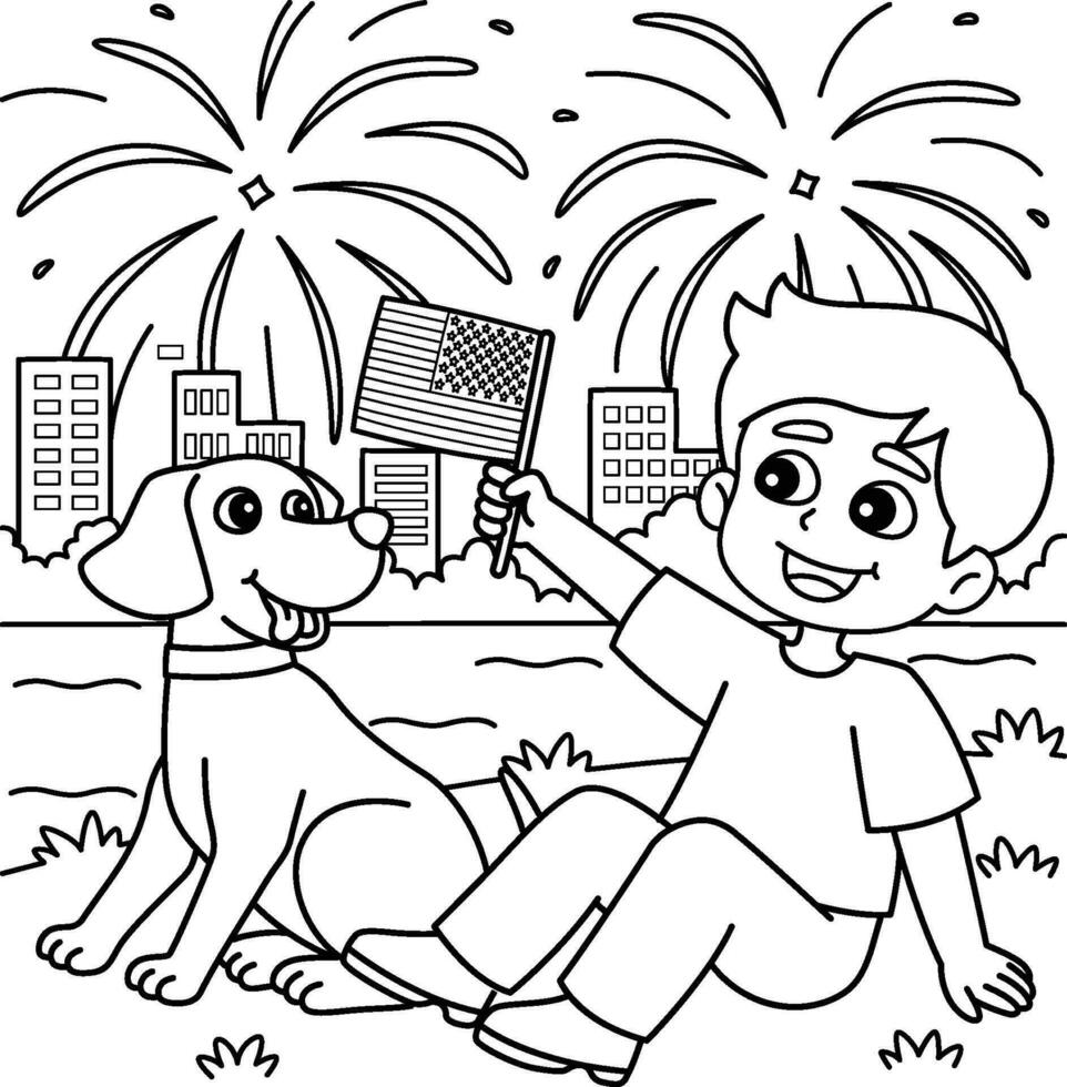 4º do Julho Garoto cachorro assistindo fogos de artifício coloração vetor