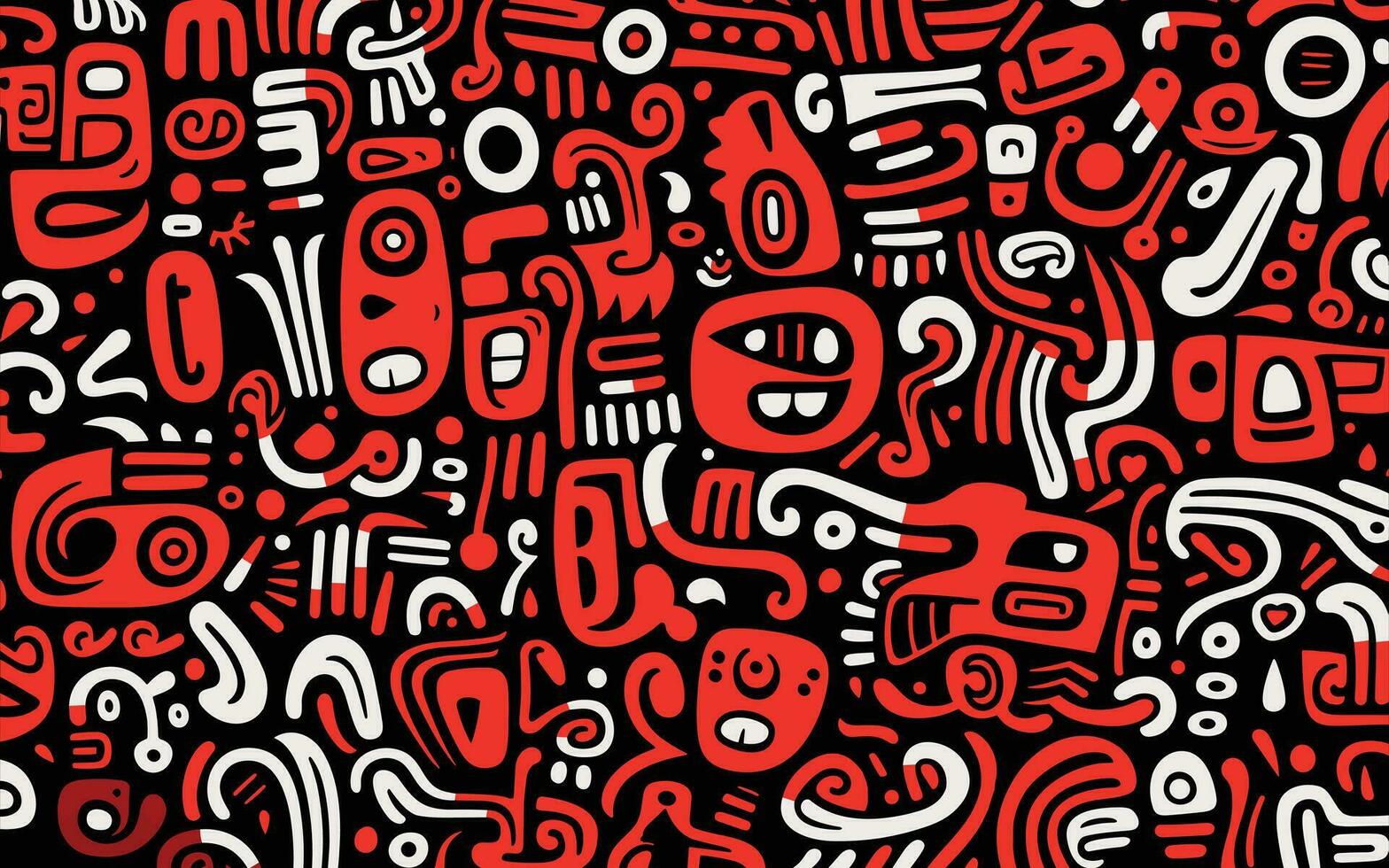 ampla branco e vermelho abstrato padrão, dentro a estilo do tipo desenho animado figuras, Preto fundo, mesoamericano influências, ondulado linha estilo, simplista personagens, tipo grafite letras vetor