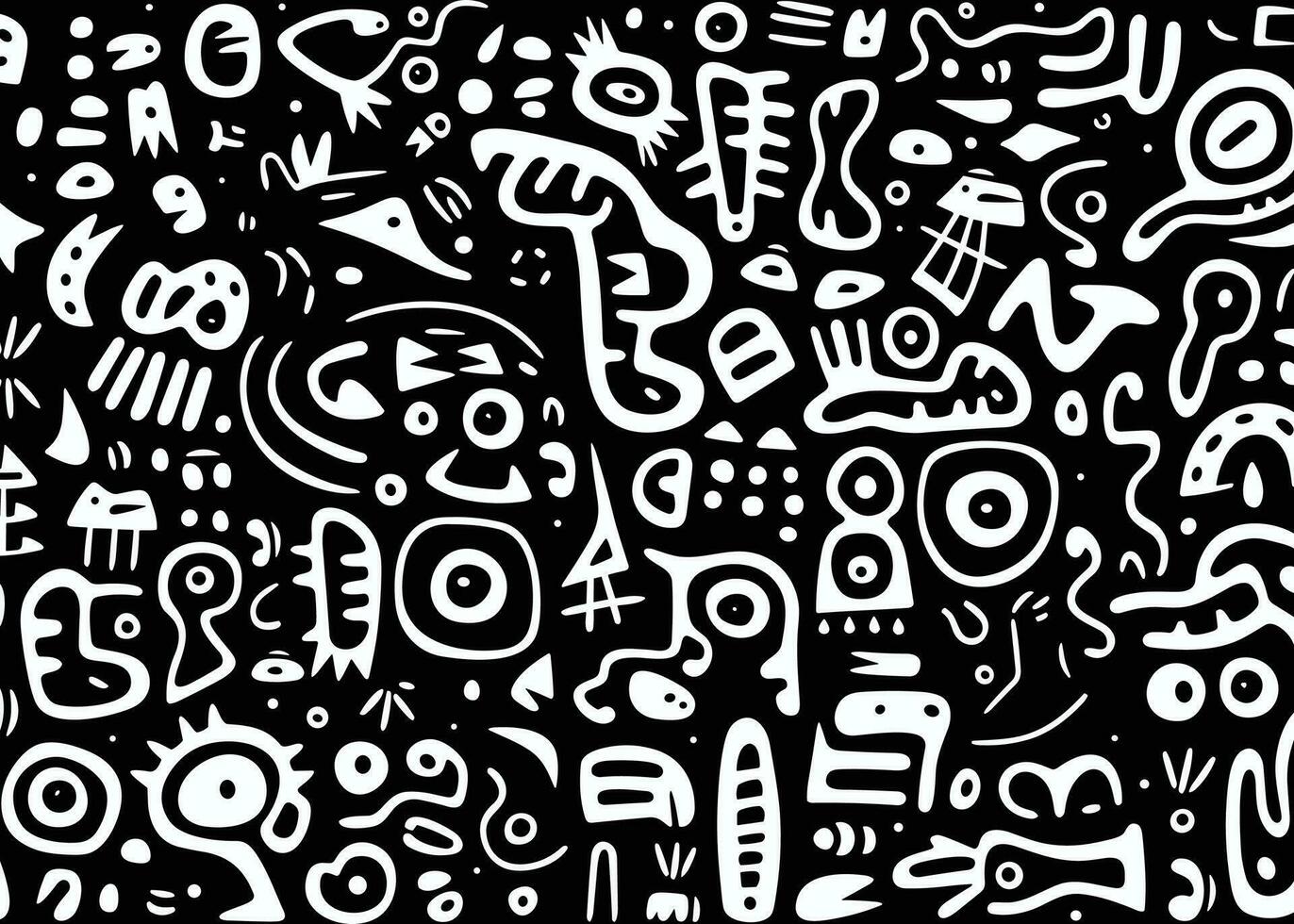 abstrato padronizar dentro Preto e branco com vários formas e símbolos, dentro a estilo do afro-colombiana temas, forma livre minimalismo, rico em textura, expansivo vetor