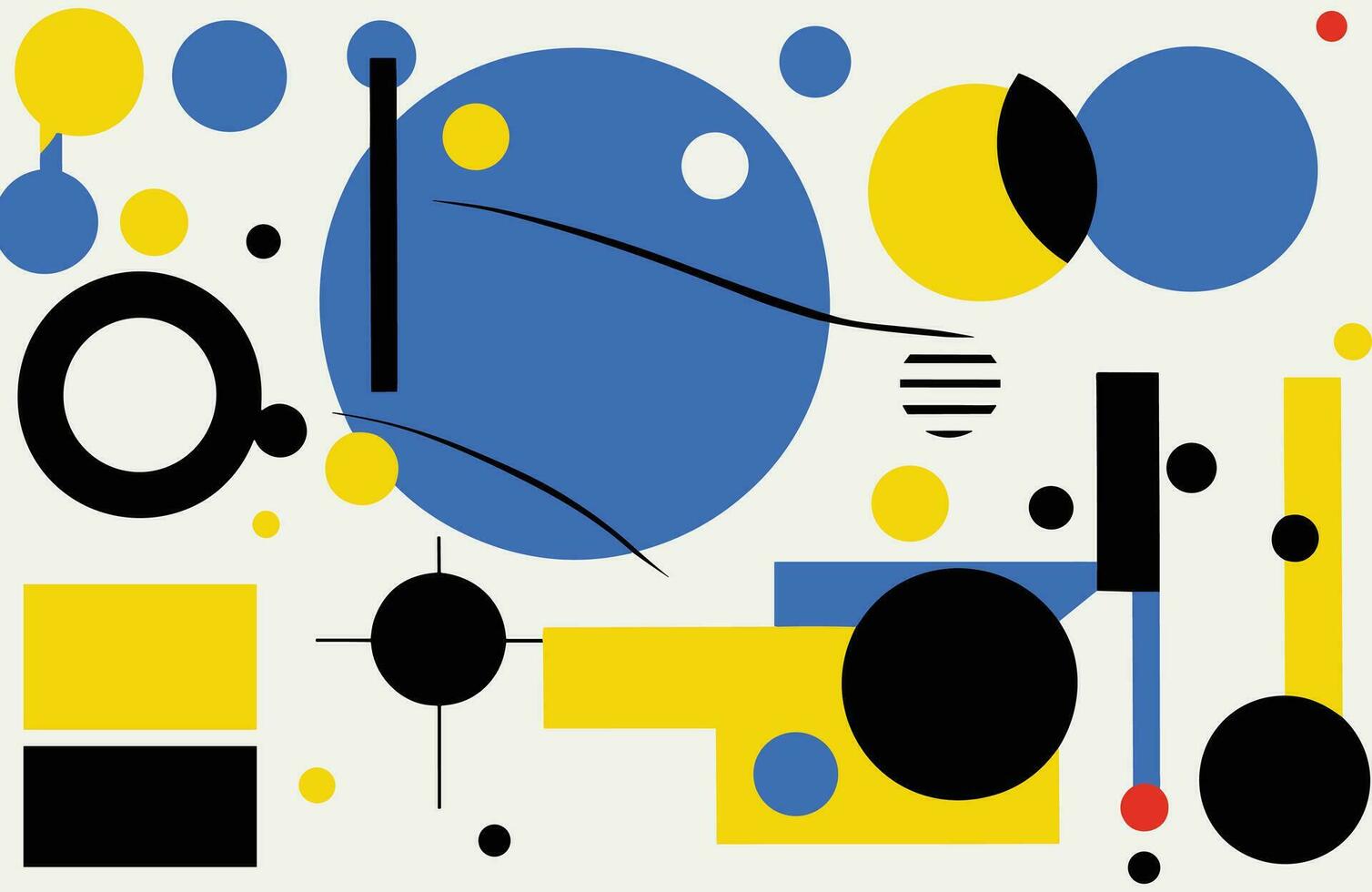 Preto e branco pintura contém a abstrato Projeto com azul e amarelo círculos, dentro a estilo do de stijl, simples, colorida ilustrações, colorida animações, bauhaus inspirado desenhos vetor