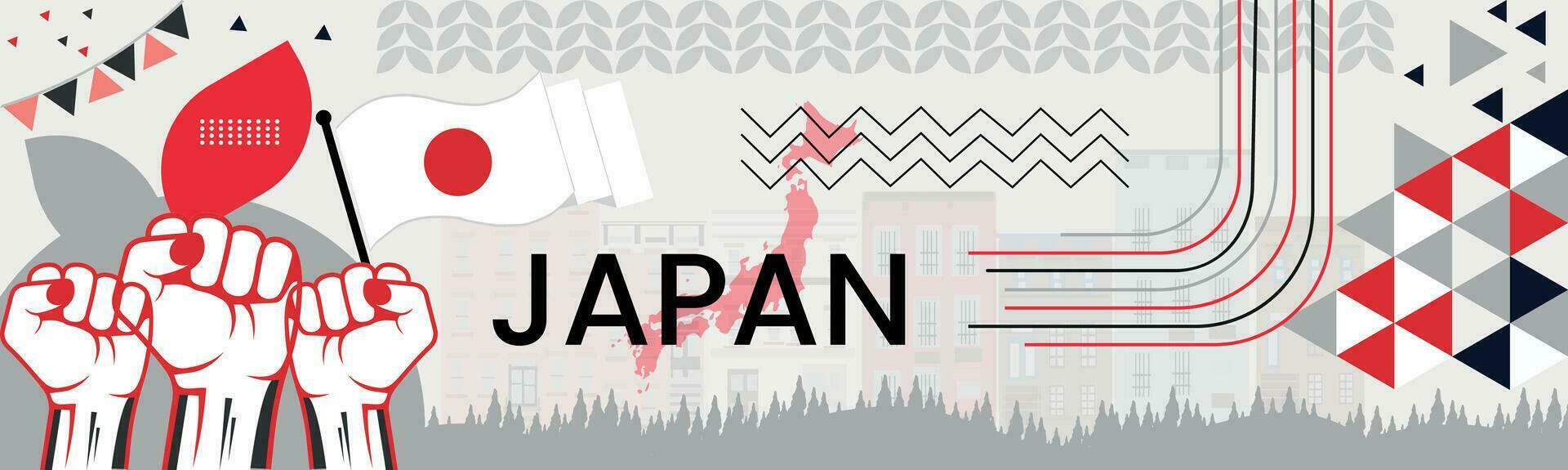 Japão mapa e elevado punhos. nacional dia ou independência dia Projeto para Japão celebração. moderno retro Projeto com abstrato ícones. vetor ilustração.