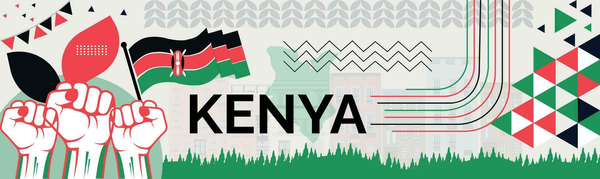 Quênia mapa e elevado punhos. nacional dia ou independência dia Projeto para Quênia celebração. moderno retro Projeto com abstrato ícones. vetor ilustração.