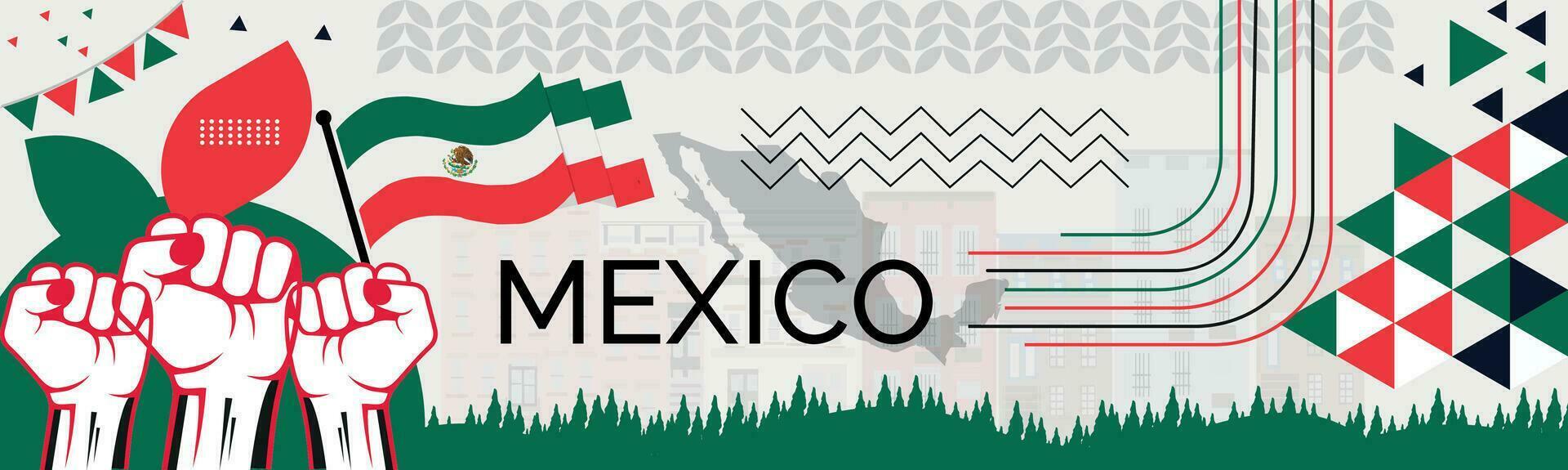 México mapa e elevado punhos. nacional dia ou independência dia Projeto para México celebração. moderno retro Projeto com abstrato ícones. vetor ilustração.