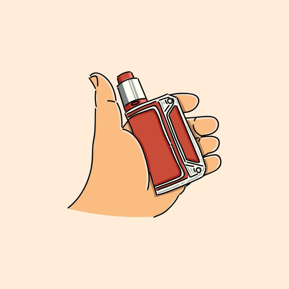 mão segurando laranja vape mod, e cigarro, ilustração vetor