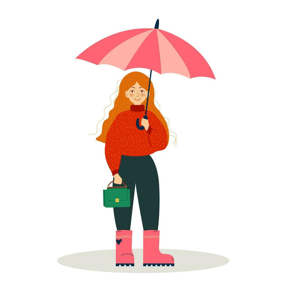 menina com Rosa guarda-chuva. conceito Projeto. lindo outono natureza com plano jovem mulher vetor