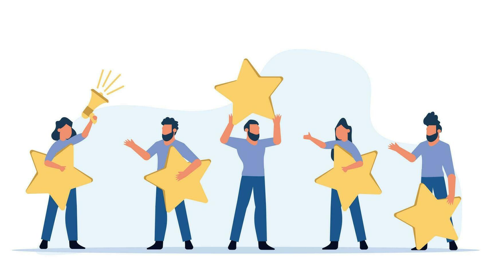 revisão do cliente cinco estrelas escolha ilustração vetorial satisfação homem e mulher. conceito de sucesso nos negócios feedback serviço de boa qualidade. melhor taxa de experiência de fundo vote banner do cliente. prêmio como vetor