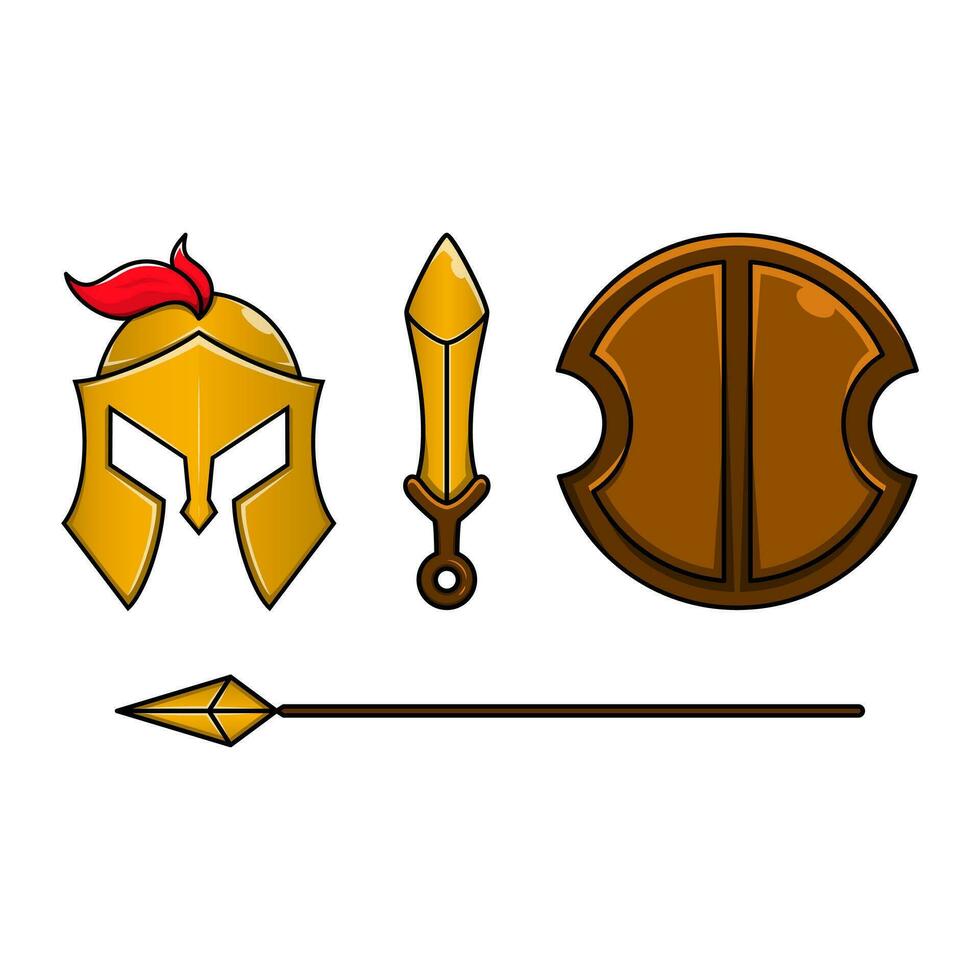 espartano arma equipamento coleção. capacete, lança, espada, escudo. usar isto para ícone, logotipo, símbolo, placa ou adesivo vetor