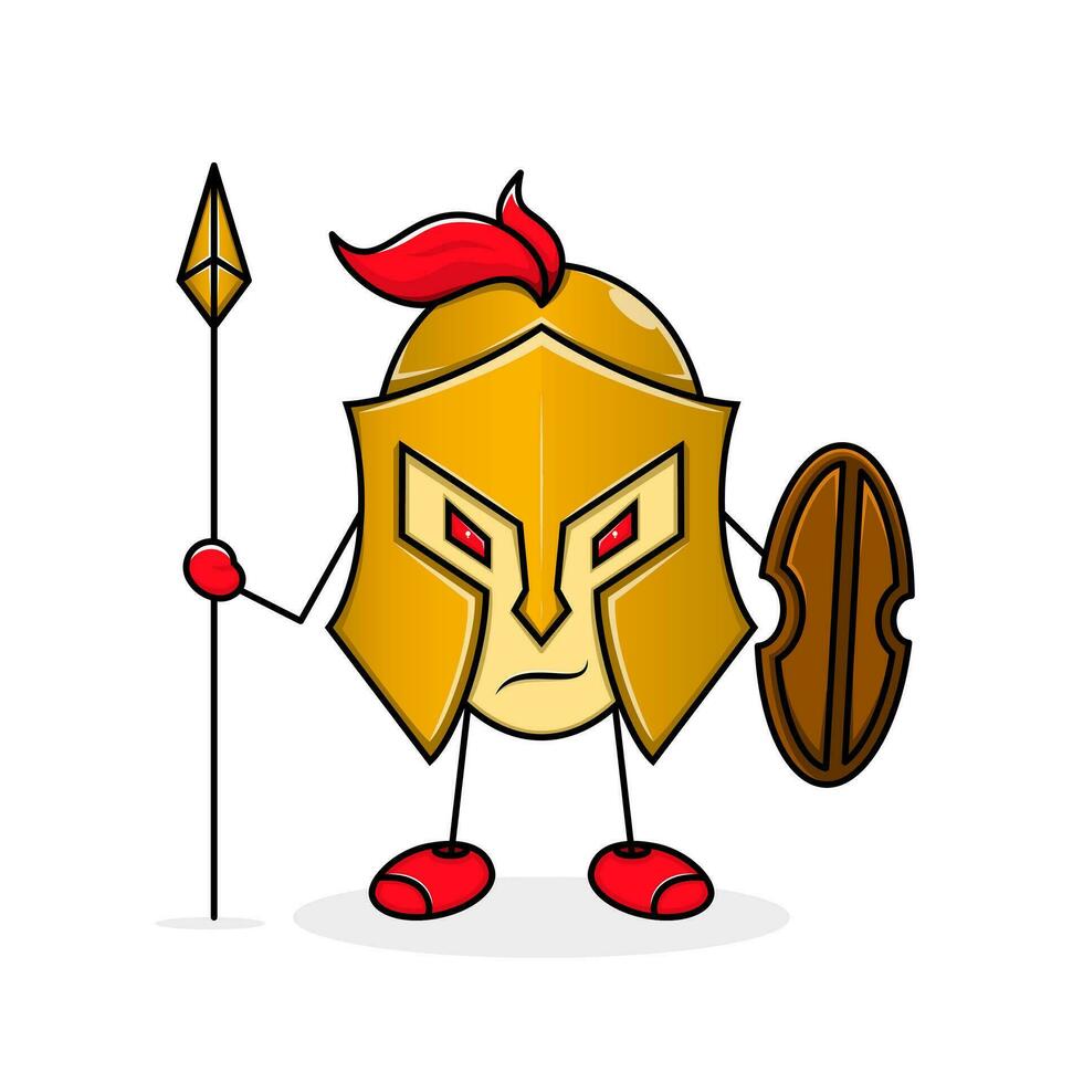 espartano desenho animado ilustração em pé em linha reta segurando lança e escudo. mascote, emoticon e bastão homem estilo. usar para logotipo, ícone, símbolo, adesivo ou mascote vetor