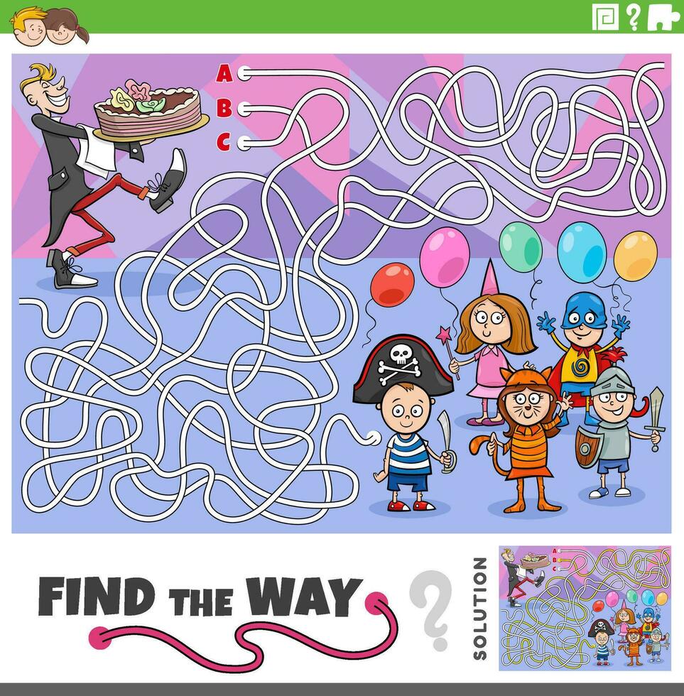 encontrar a caminho Labirinto jogos com desenho animado crianças às traje festa vetor