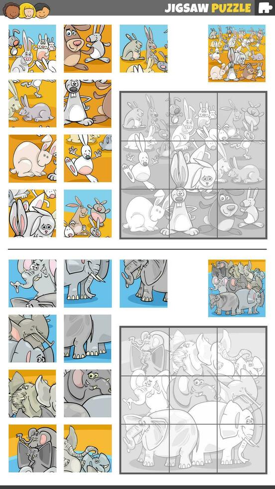 quebra-cabeças enigma jogos conjunto com desenho animado animal personagens vetor