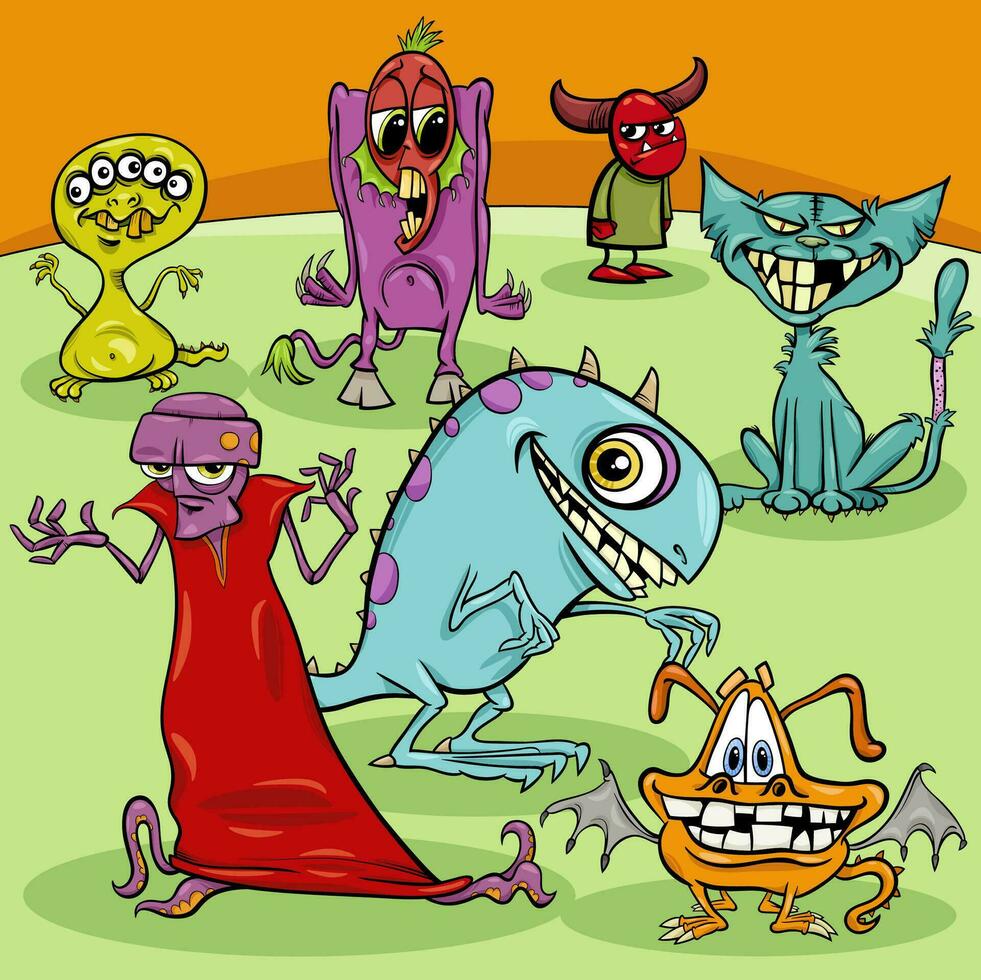 desenho animado engraçado monstros fantasia personagens grupo vetor