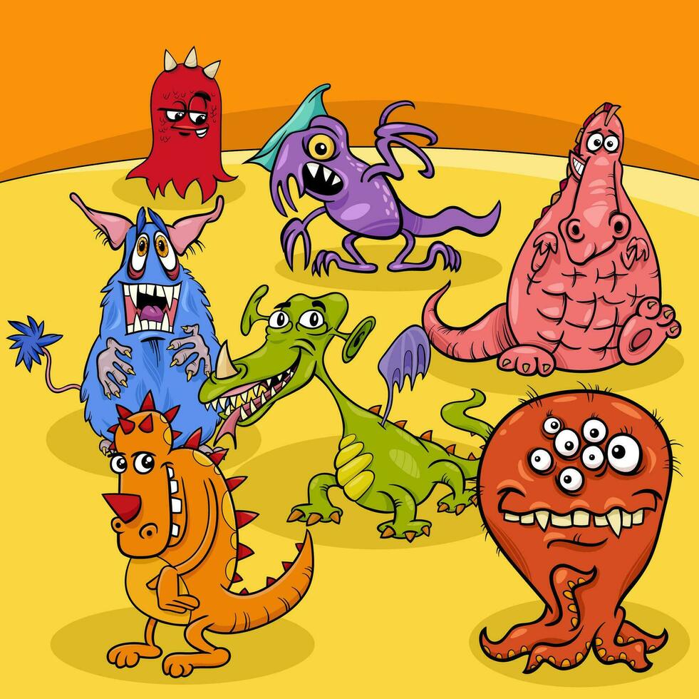 desenho animado engraçado monstros fantasia personagens grupo vetor
