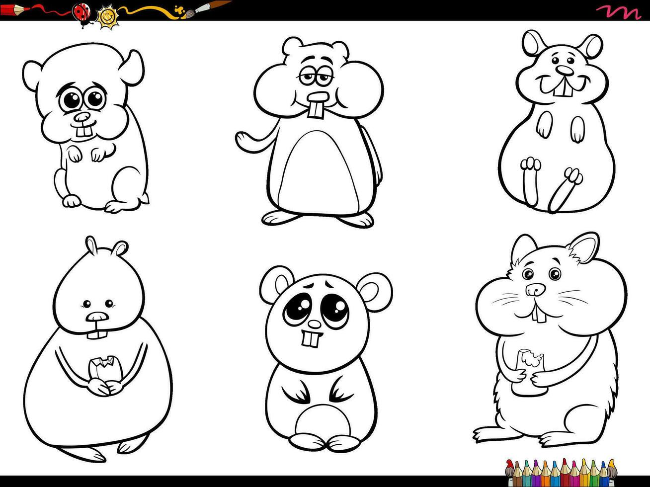 desenho animado hamsters animal personagens conjunto coloração página vetor