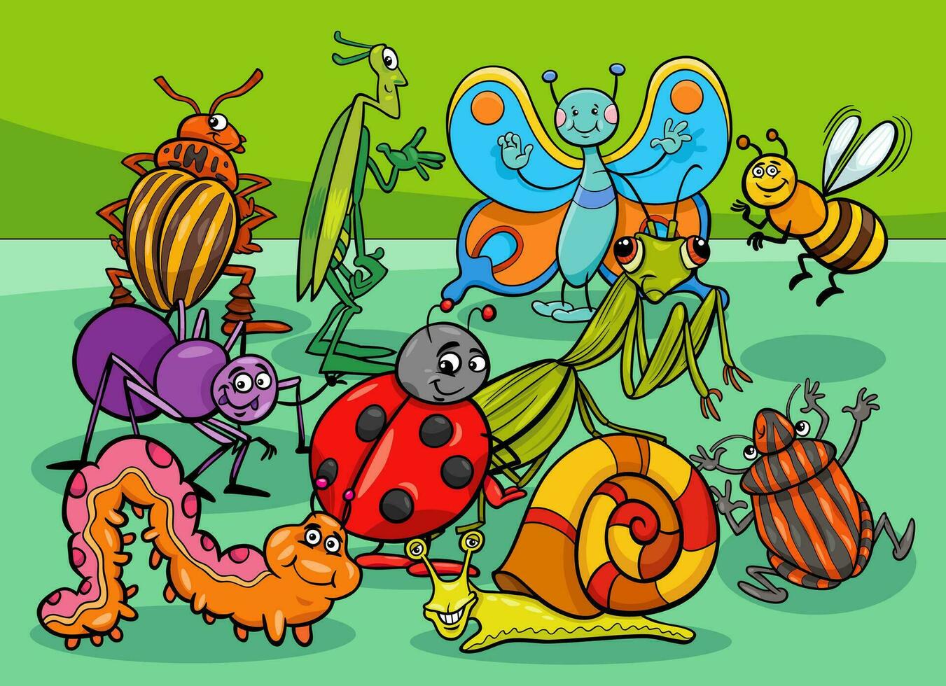 engraçado desenho animado insetos e Caracol quadrinho personagens grupo vetor