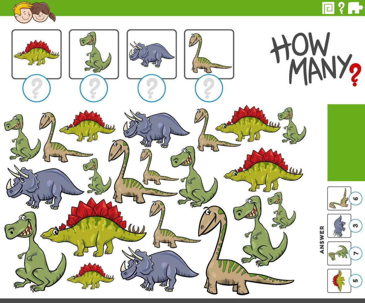 quão muitos desenho animado dinossauros personagens contando jogos vetor