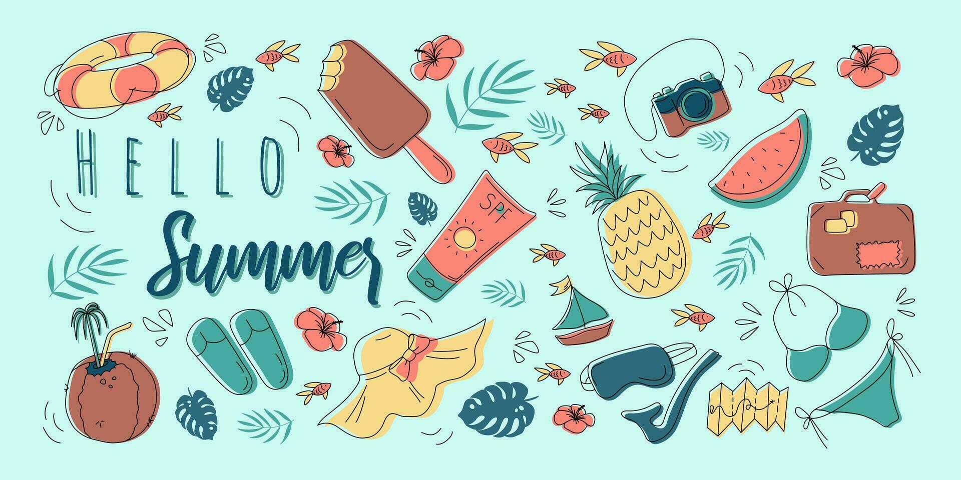 vetor verão definir. acessórios para de praia feriados de a mar. plano Projeto ilustração para Publicidades, rede, panfletos, e bandeiras. conjunto do desenho animado ícones. verão frutas, comida, transporte e roupa.