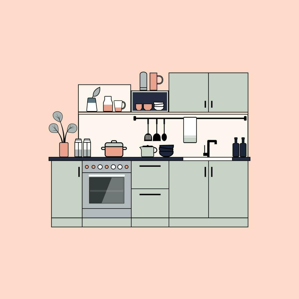 plano ilustração do moderno cozinha interior com mobília, eletrodomésticos e utensílios, vetor ilustração
