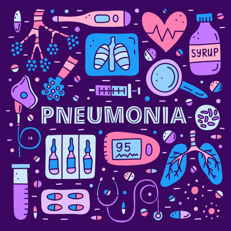 poster com letras e rabisco colorida pneumonia ícones . vetor