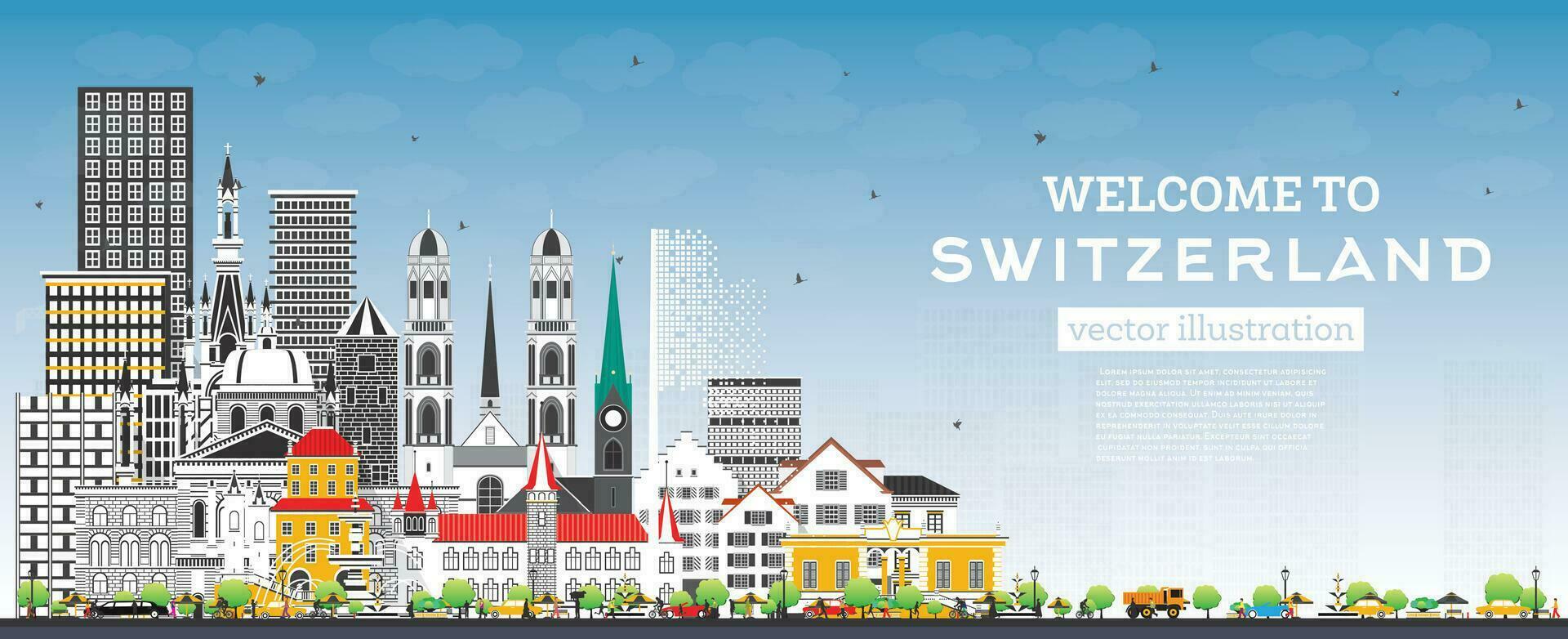 bem-vinda para Suíça. cidade Horizonte com cinzento edifícios e azul céu. Suíça paisagem urbana com pontos de referência. vetor