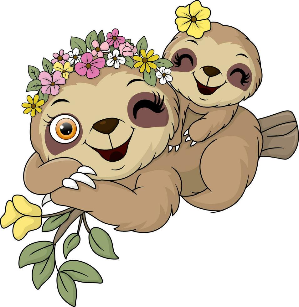 fofa mãe e bebê bicho-preguiça desenho animado em árvore ramo vetor