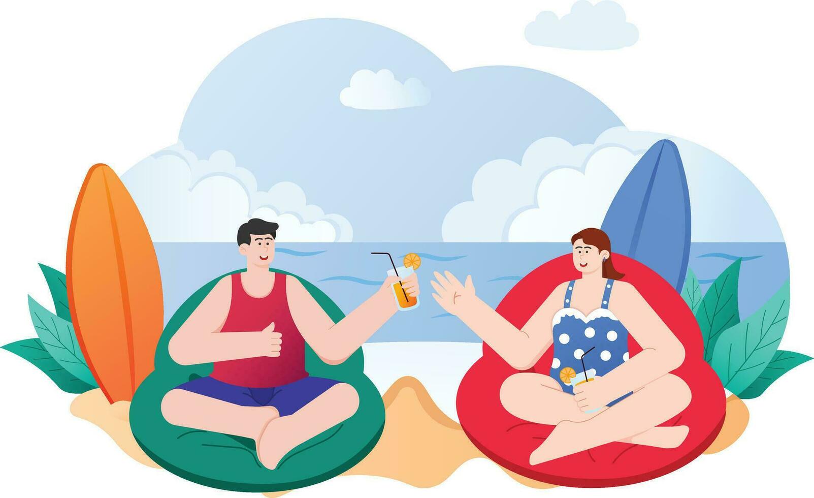 homem e mulher relaxante em a de praia ilustração vetor