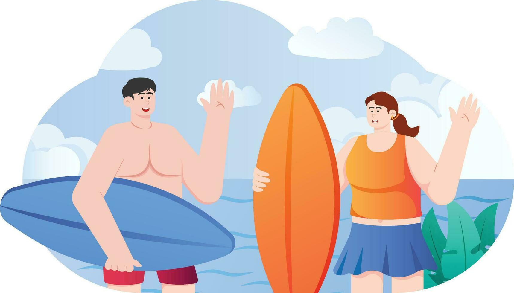 mulher e homem surfar em verão período de férias ilustração vetor
