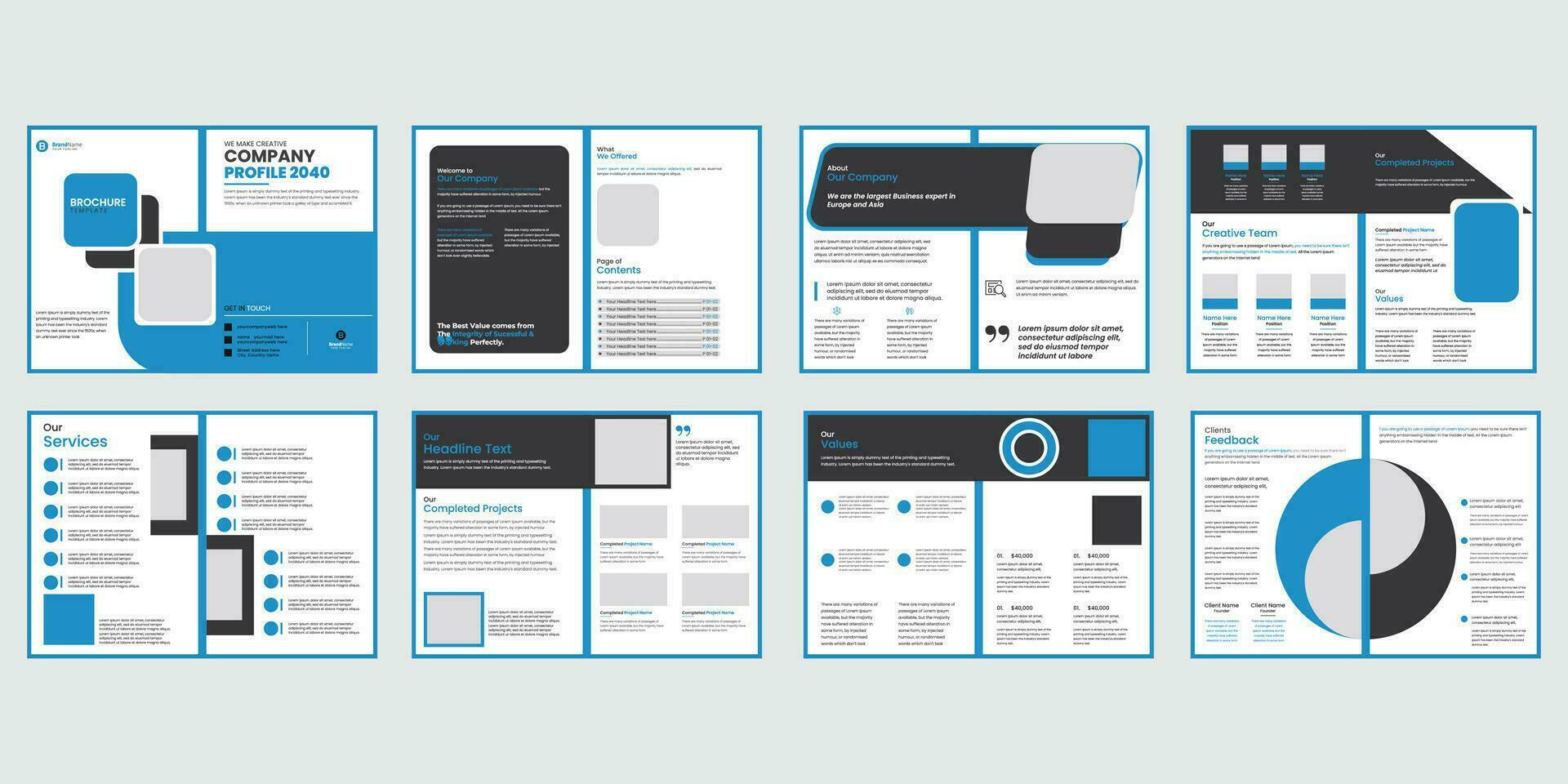 companhia perfil, folheto criativo Projeto definir, multiuso modelo com cobrir, folheto, costas e dentro Páginas, na moda minimalista plano projeto, vertical a4 formato vetor