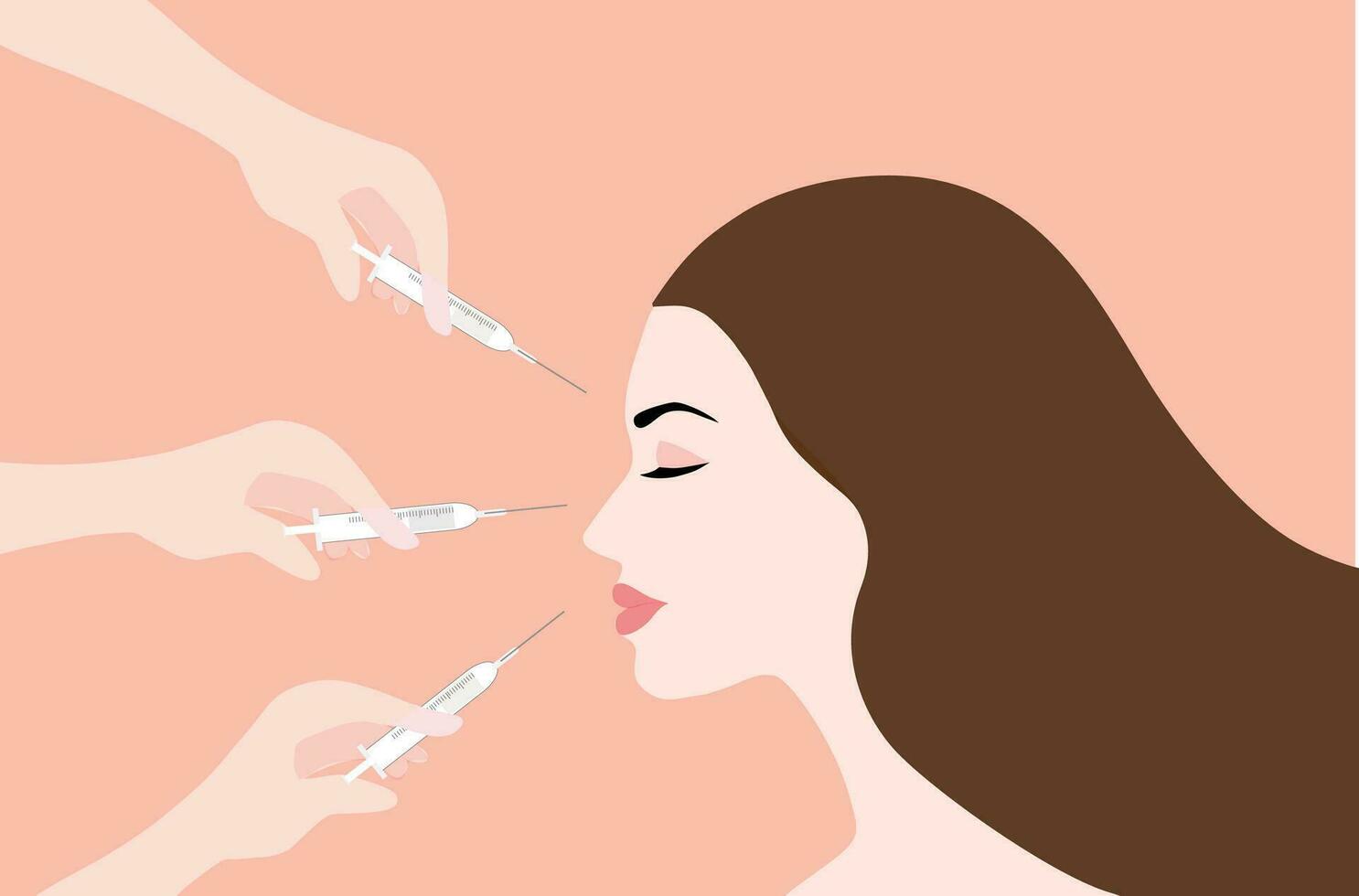 dérmico enchimento injeções. mulher face com médico mãos dentro luvas com seringa. beleza elevação anti-envelhecimento tratamento vetor ilustração.