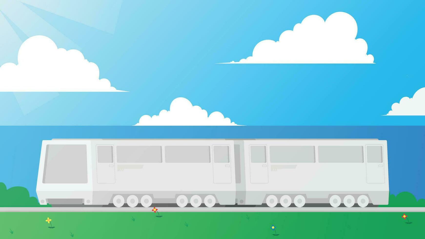 ilustração do uma moderno trem com uma lindo cênico fundo dentro plano Projeto vetor