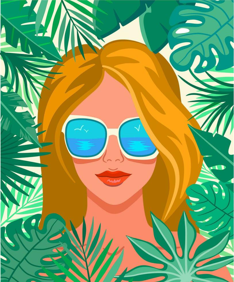 jovem menina dentro oculos de sol, cercado de tropical folhagem. vetor