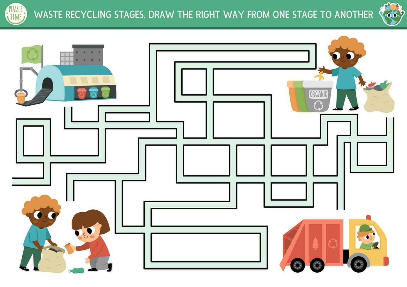 ecológico Labirinto para crianças com crianças Ordenação Fora a bobagem.  terra dia pré escola atividade. eco consciência ou zero desperdício labirinto  jogos com lixo reciclando estágios 25402872 Vetor no Vecteezy