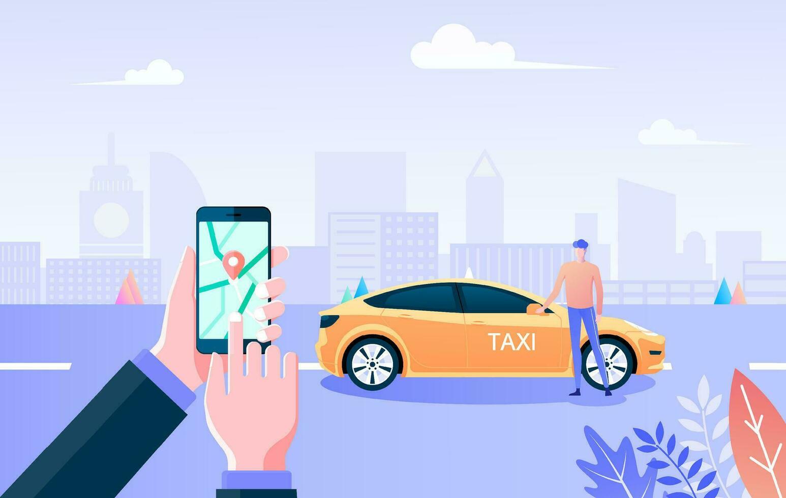 Táxi serviço negócios. mão aguarde Smartphone e amarelo Táxi ou táxi em estrada e urbano cidade fundo, transporte serviço, veículo para aluguel, turista agarrar Táxi com Smartphone conceito. plano vetor. vetor