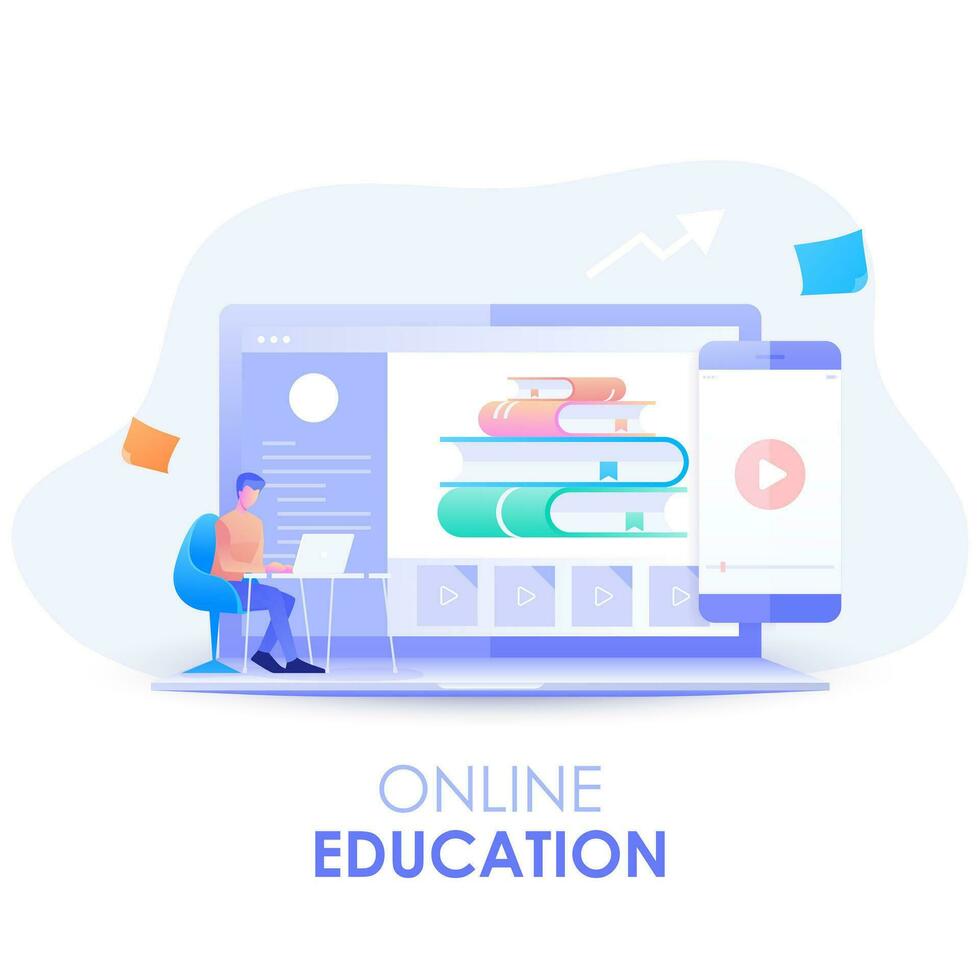 e-learning. uma do homem personagem é sentado às uma escrivaninha estudando com a conectados curso com computador, conectados Educação conceito. moderno plano Projeto ilustração vetor