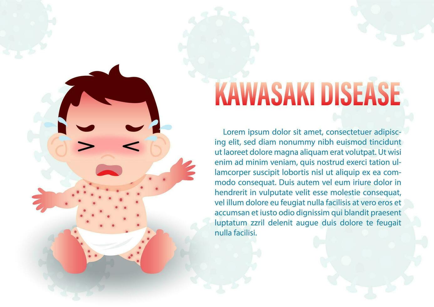 uma Garoto dentro desenho animado personagem chorando e doente do Kawasaki doença com a nome e exemplo Texto:% s em vírus símbolos e branco fundo. médicos poster do a Kawasaki doença dentro vetor Projeto.