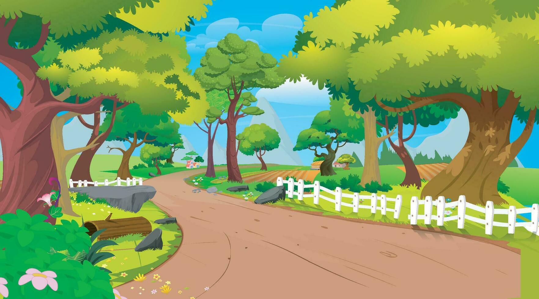 verão panorama para Vila público parque, verde Relva ou jardim dentro plano desenho animado mão desenhado modelo ilustração vetor