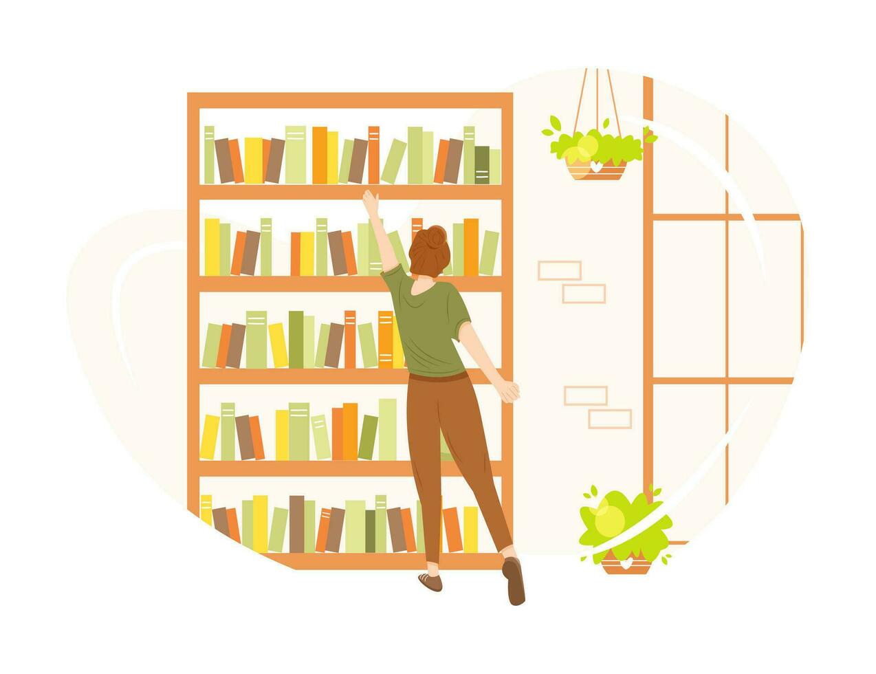 menina escolhendo uma livro dentro uma acolhedor livraria ou biblioteca. vetor ilustração dentro plano desenho animado estilo isolado em branco fundo. conceito do lendo e Educação