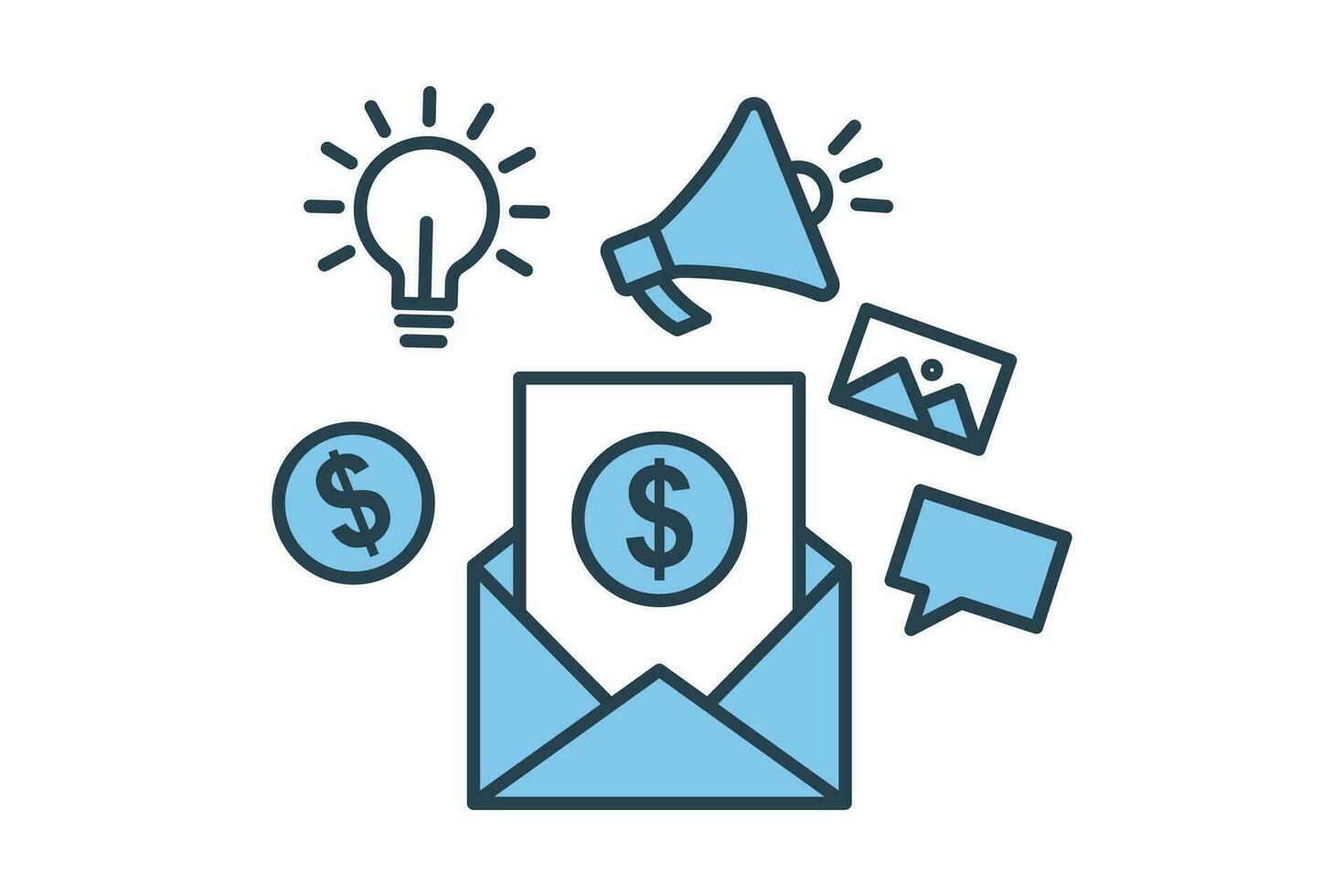 o email marketing ícone. incluir envelope ícone, luz lâmpada, megafone, bater papo, cenário. ícone relacionado para digital marketing. plano linha ícone estilo Projeto. simples vetor Projeto editável