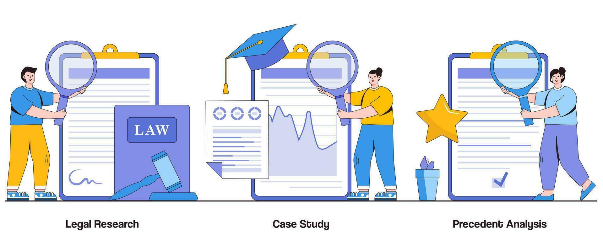 legal pesquisar, caso estudar, precedente análise conceito com personagem. lei prática abstrato vetor ilustração conjunto
