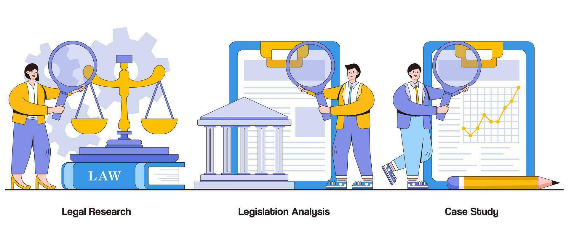 legal pesquisar, legislação análise, caso estude conceito com personagem. legal perícia abstrato vetor ilustração conjunto