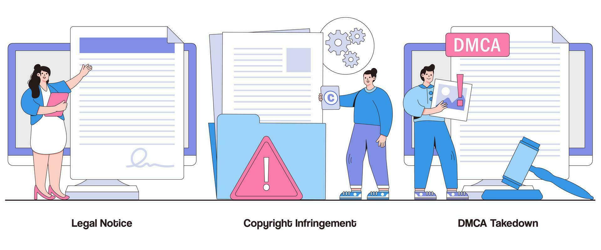 legal perceber, direito autoral violação, DMCA derrubar conceito com personagem. conectados conteúdo proteção abstrato vetor ilustração definir. intelectual propriedade direitos, direito autoral execução metáfora