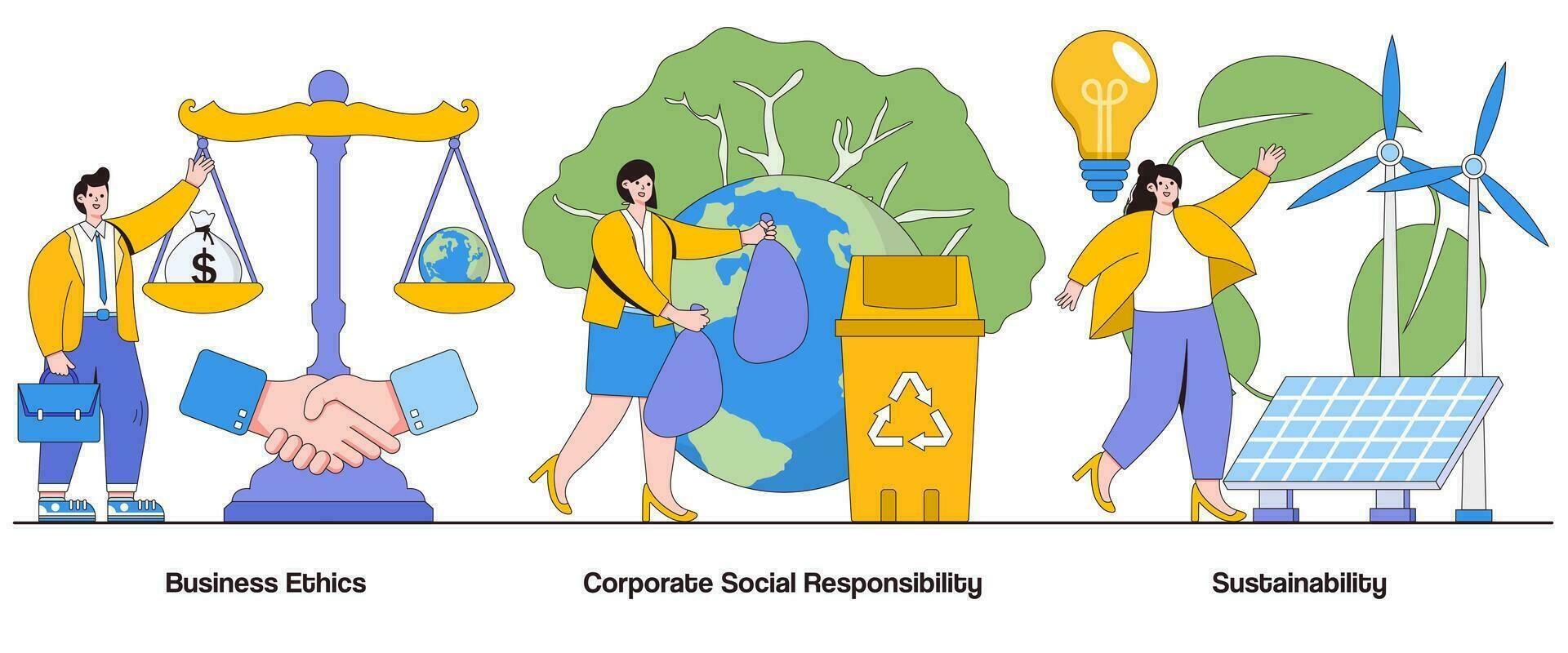 o negócio ética, corporativo social responsabilidade, sustentabilidade conceito com personagem. ético o negócio práticas abstrato vetor ilustração definir. de Meio Ambiente mordomia, social impacto metáfora